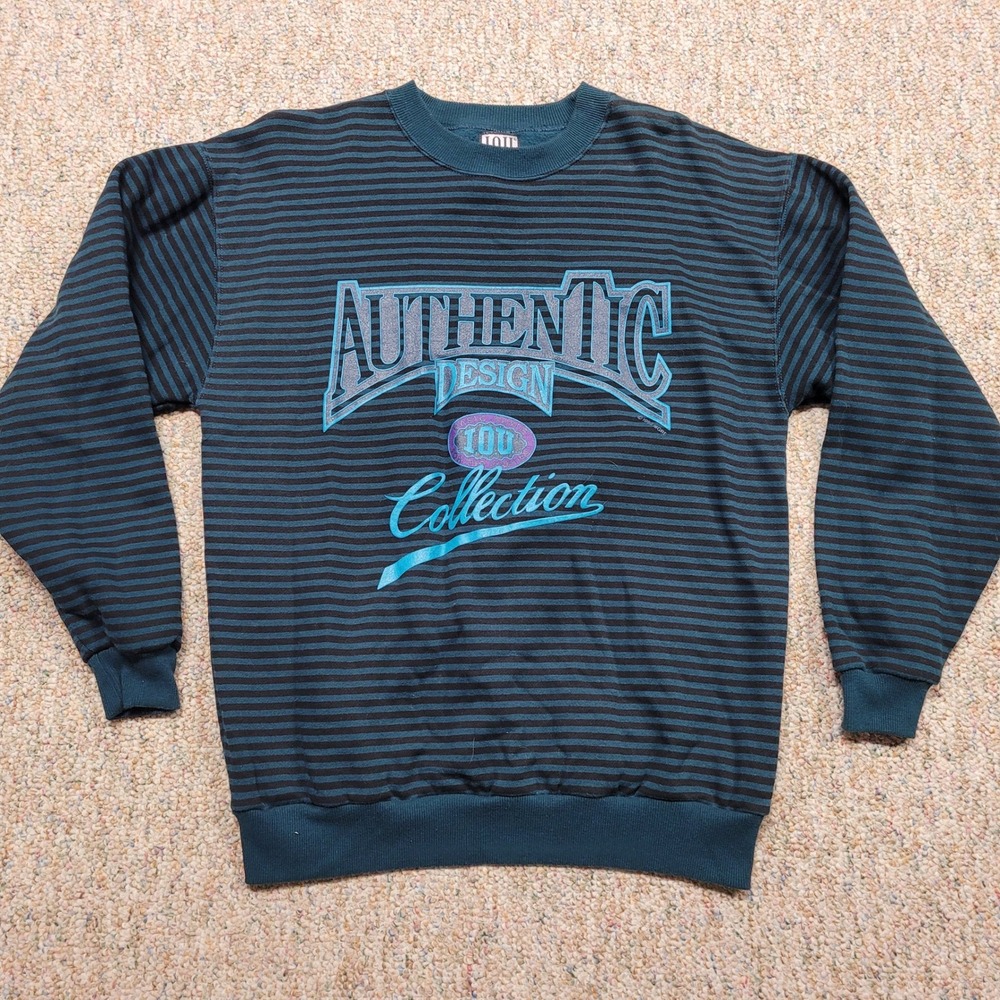 I.O.U. Sweatshirt Mens Small Teal Black Striped‎ 1992 Vintage Graphic Pullover